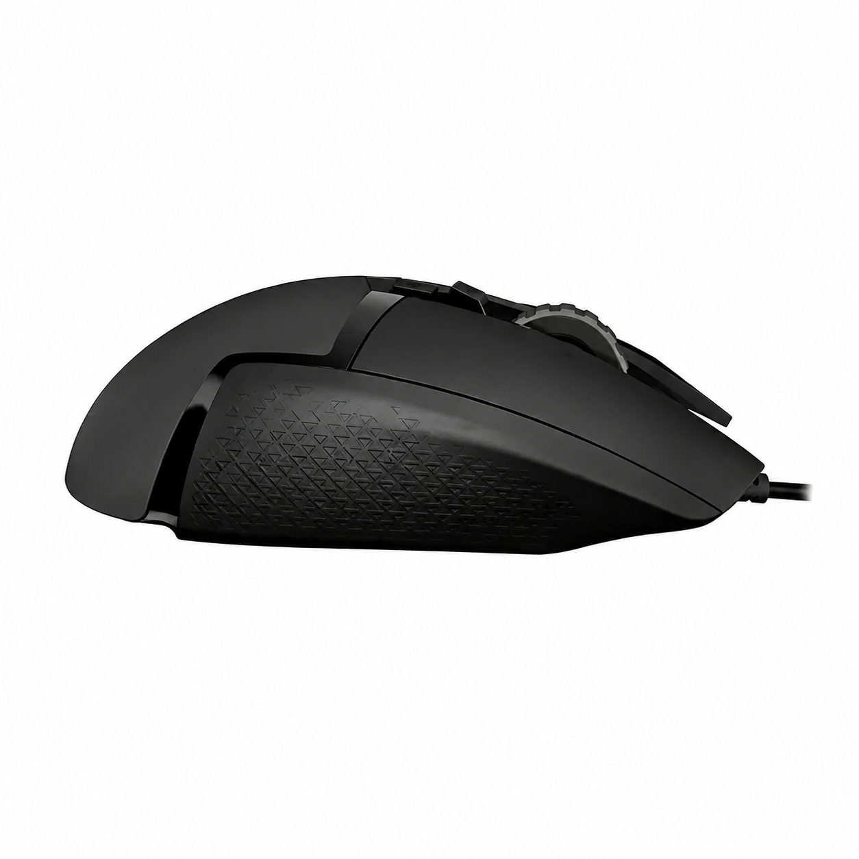 Left-side view of Logitech G502 HERO wired gaming mouse showing the thumb controls, DPI shift button and textured grip area.