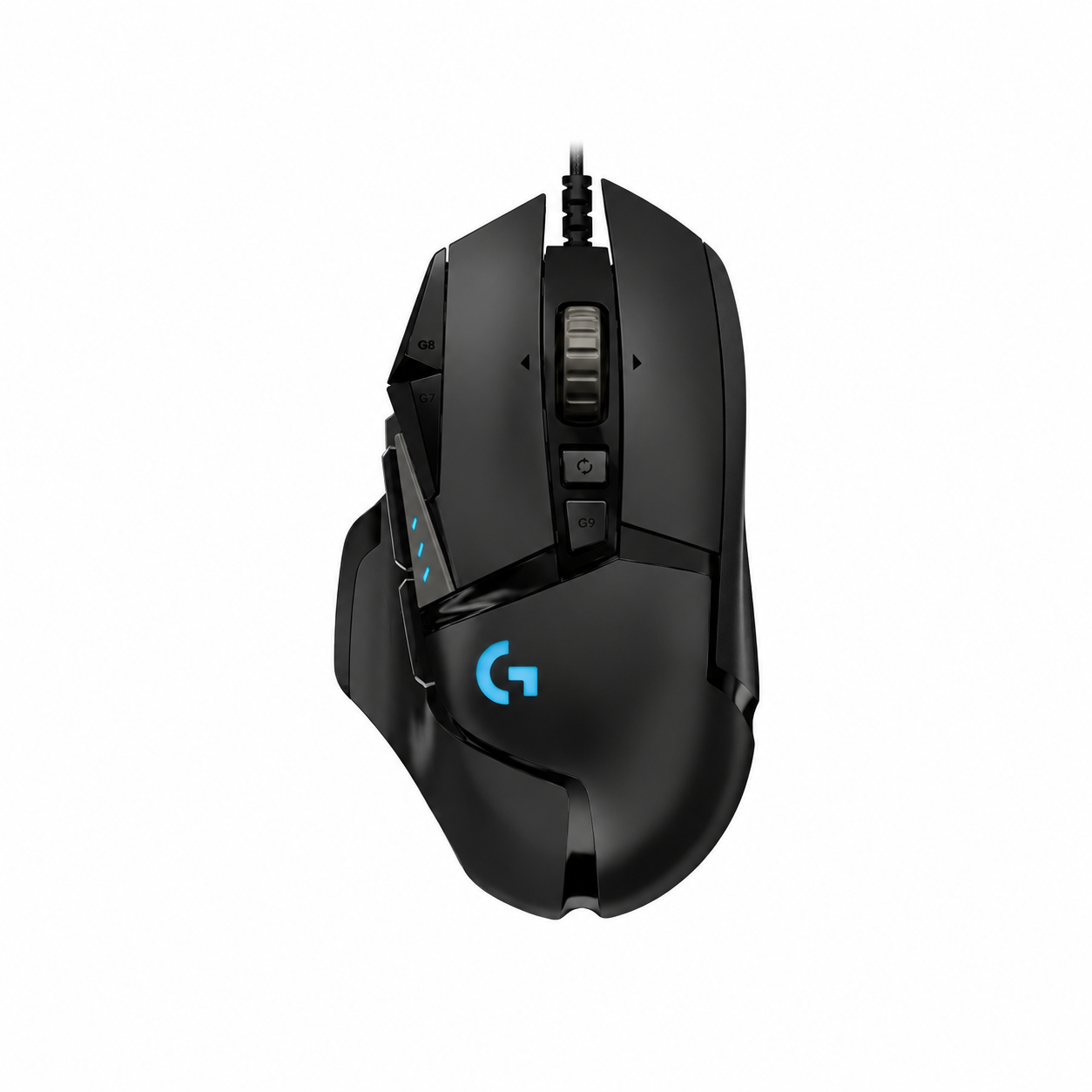 Top view of Logitech G502 HERO black wired gaming mouse showing the scroll wheel, DPI controls and programmable buttons.