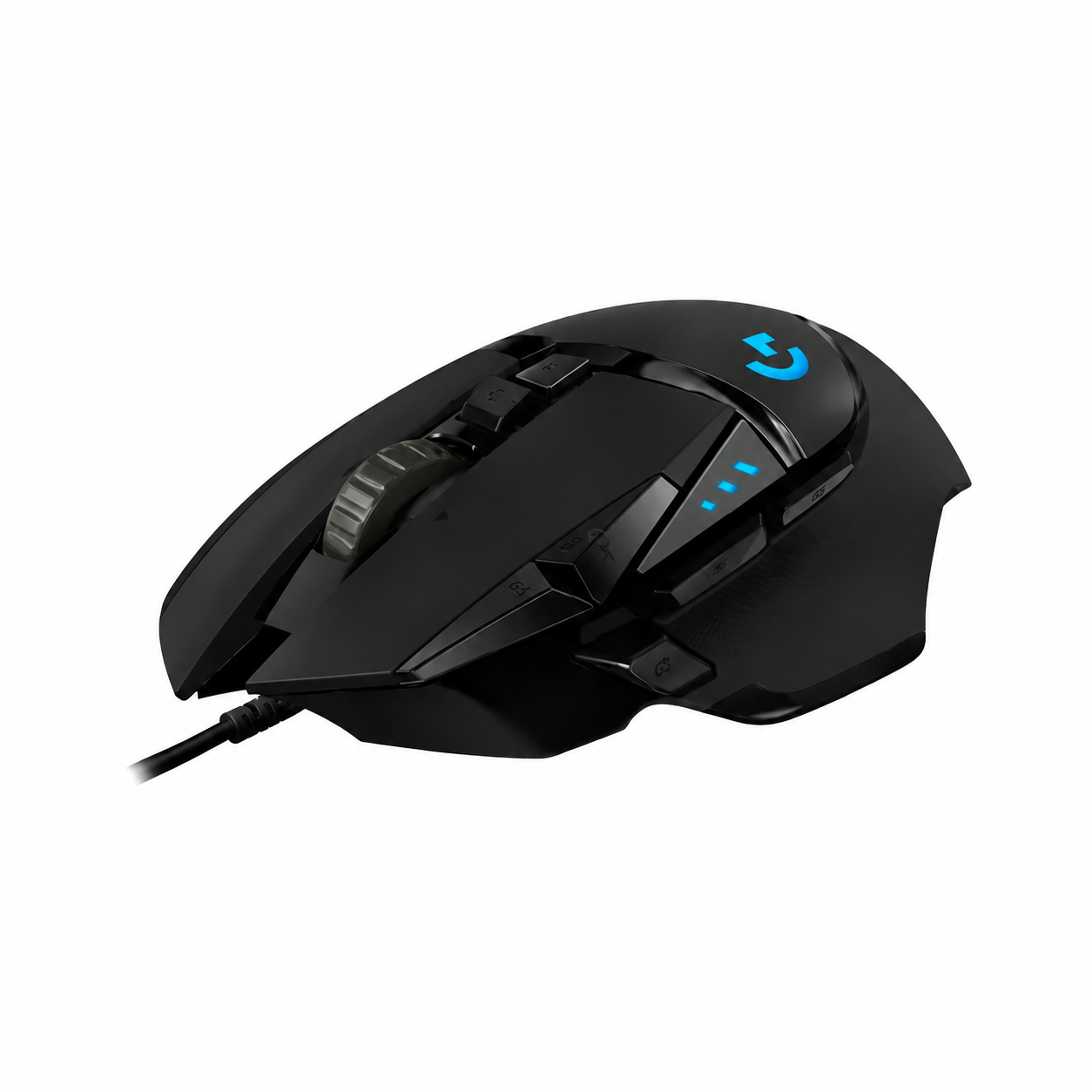 Right-side view of Logitech G502 HERO black gaming mouse showing the ergonomic grip and contoured wired design.
