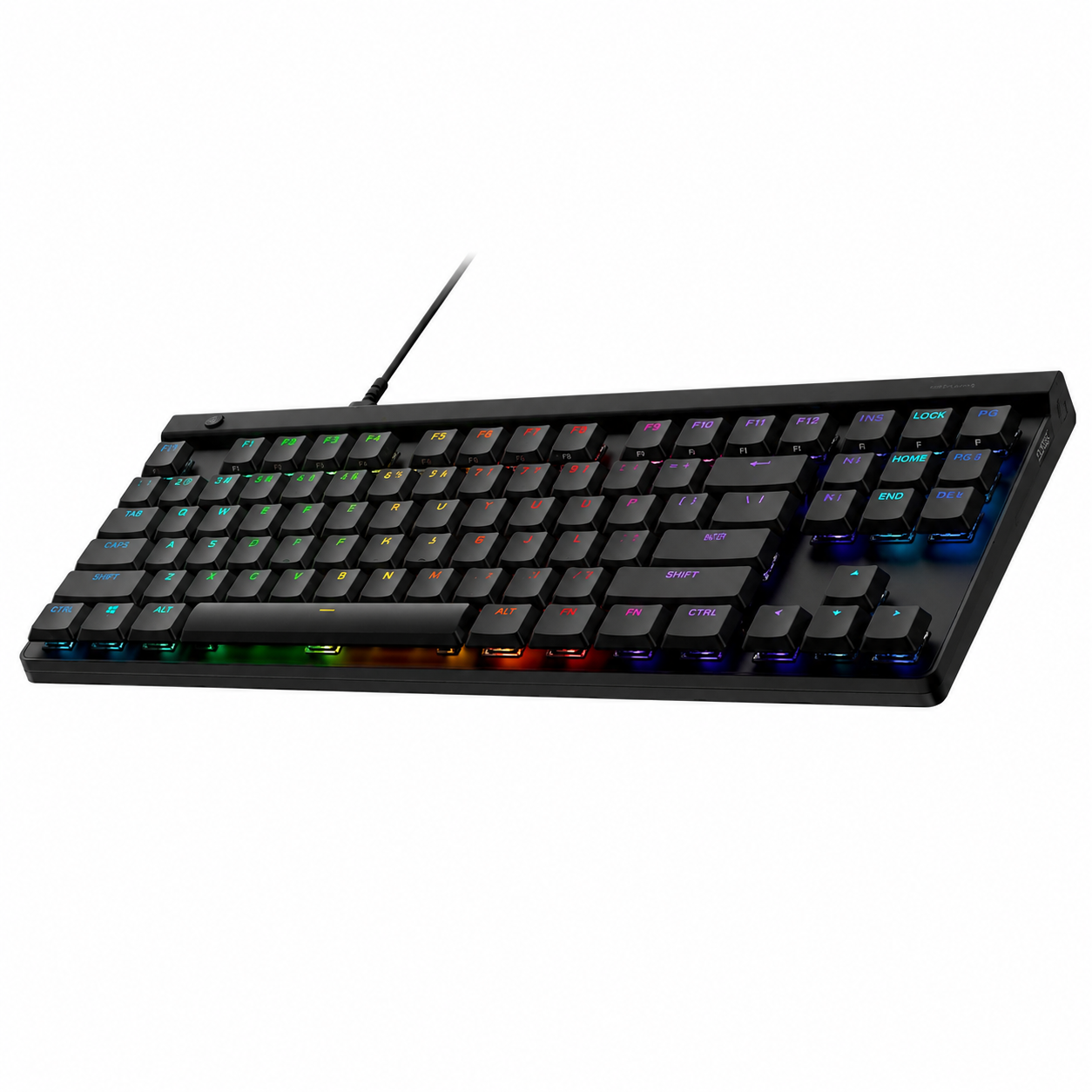 Logitech G515 TKL Wired Gaming Keyboard Black US angled view showing low-profile TKL design and RGB lighting.