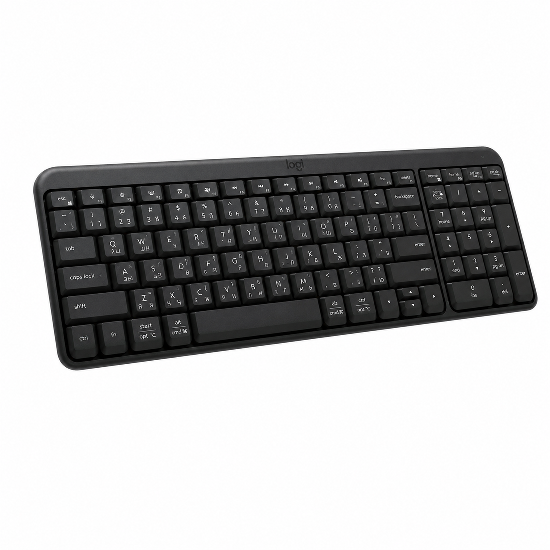 Logitech K250 compact Bluetooth wireless keyboard in Graphite, top view showing full key layout and number pad.