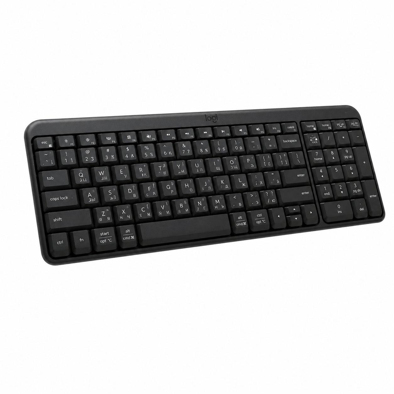 Logitech K250 wireless keyboard in Graphite, right-side angle view showing the compact profile and keyboard edge.