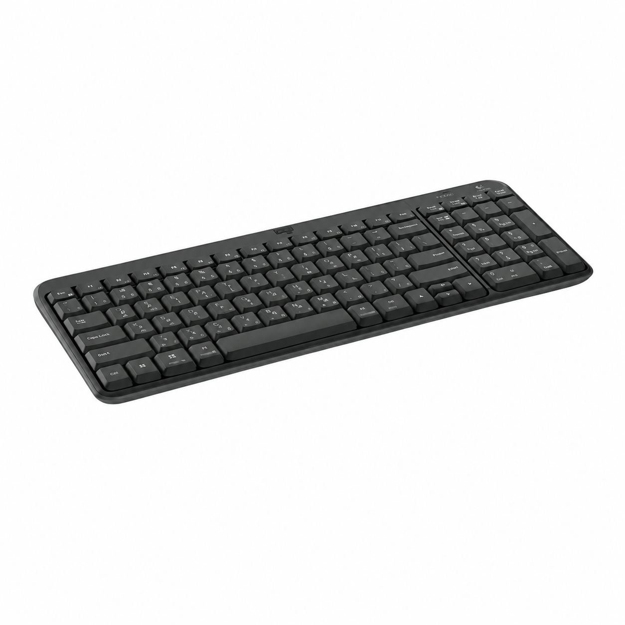 Logitech K250 compact Bluetooth keyboard in Graphite, left-side angle view showing the slim design and key structure.