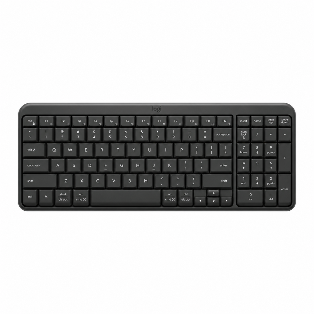 Logitech K250 compact Bluetooth wireless keyboard in Graphite, top view showing full key layout and number pad.