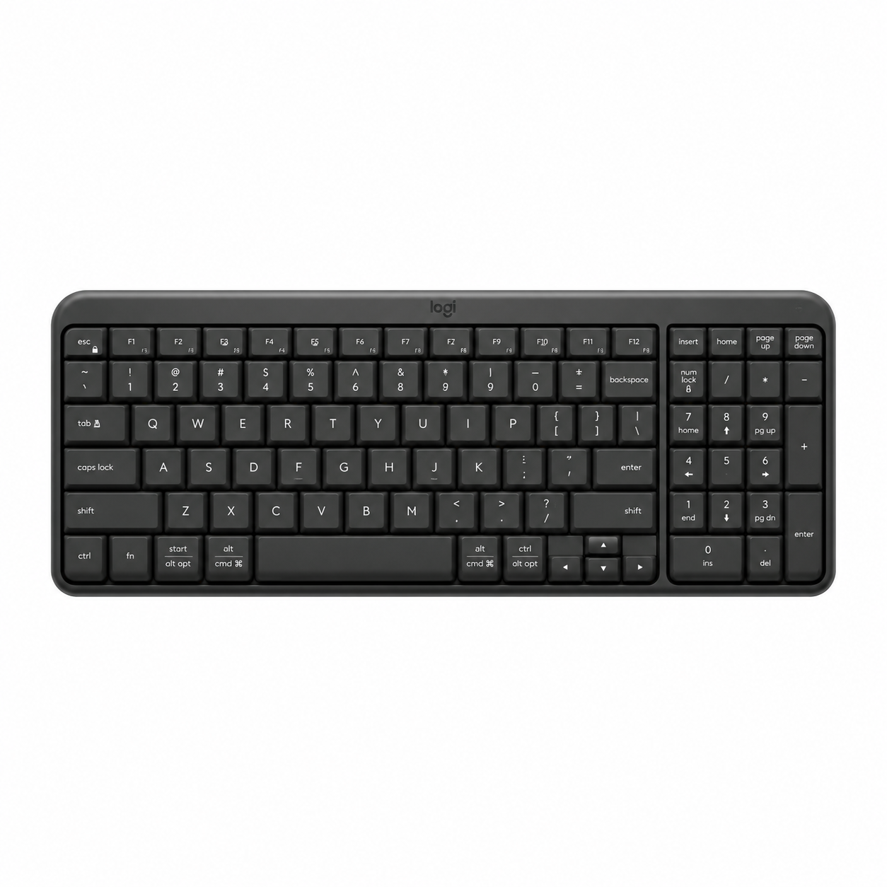 Logitech K250 compact Bluetooth wireless keyboard in Graphite, top view showing full key layout and number pad.