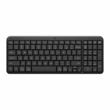 Logitech K250 compact Bluetooth wireless keyboard in Graphite, top view showing full key layout and number pad.