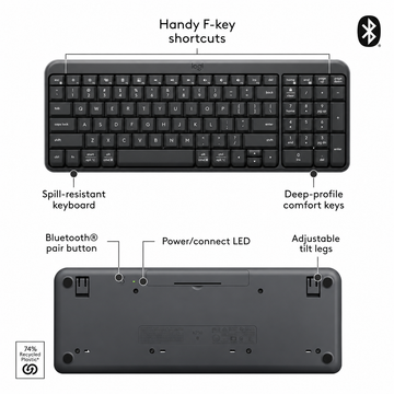 Close-up detail of the Logitech K250 Graphite keyboard showing the keys, number pad and typing surface.