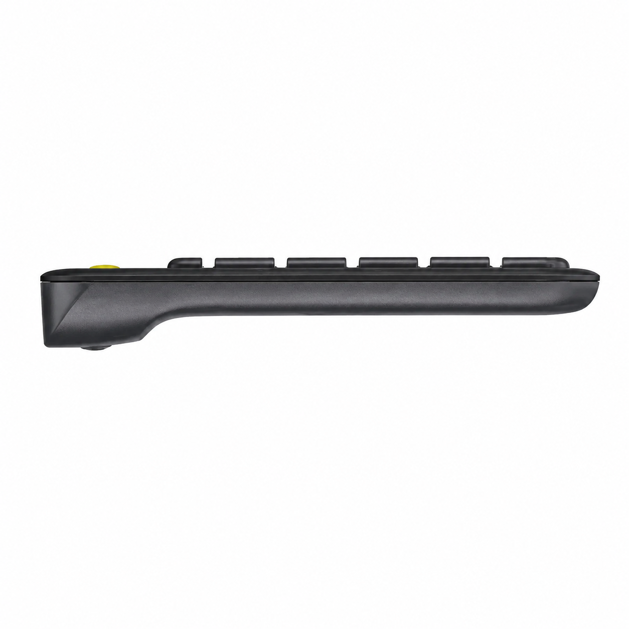 Logitech K400 Plus black wireless keyboard angled side view with integrated touchpad