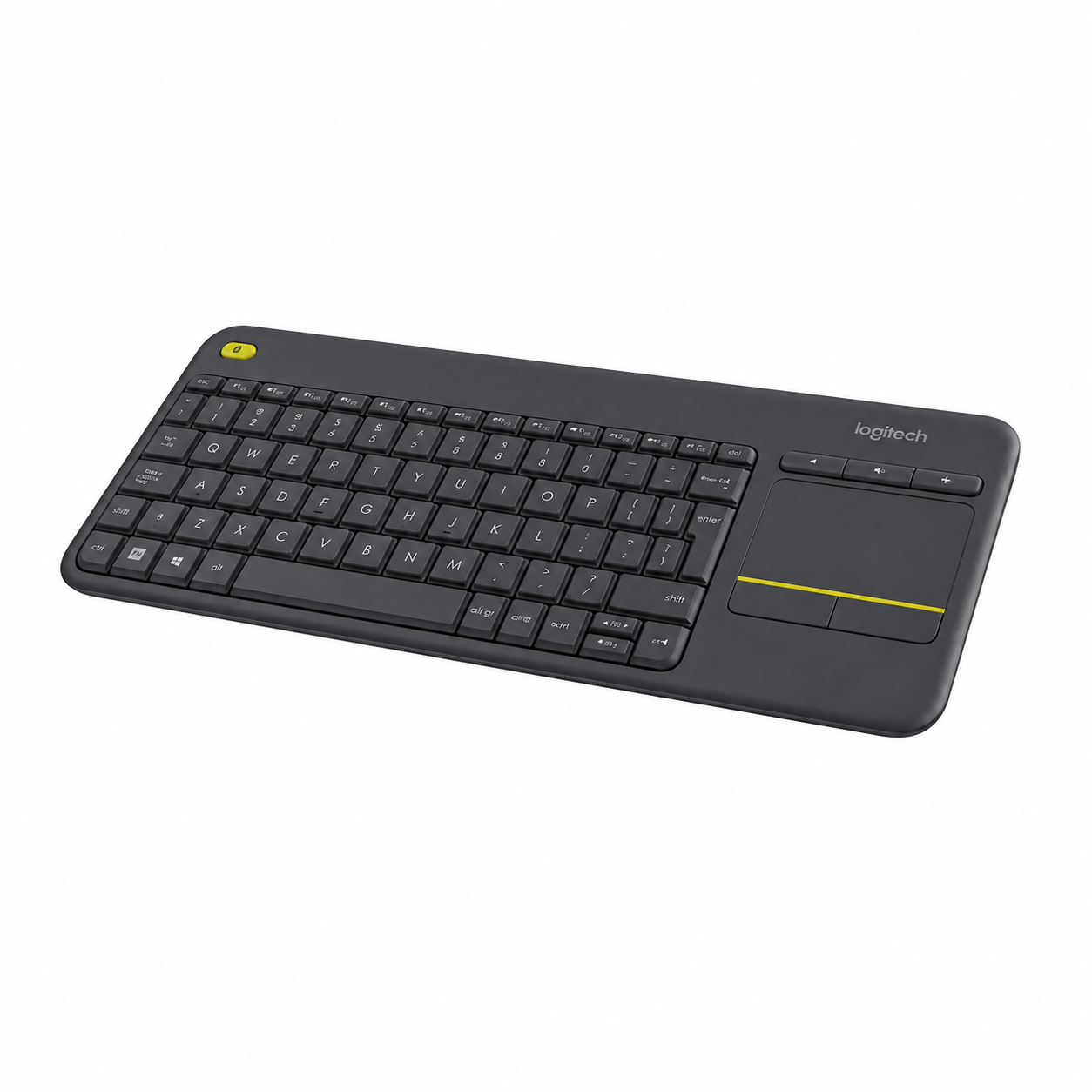 Logitech K400 Plus black wireless keyboard angled side view with integrated touchpad