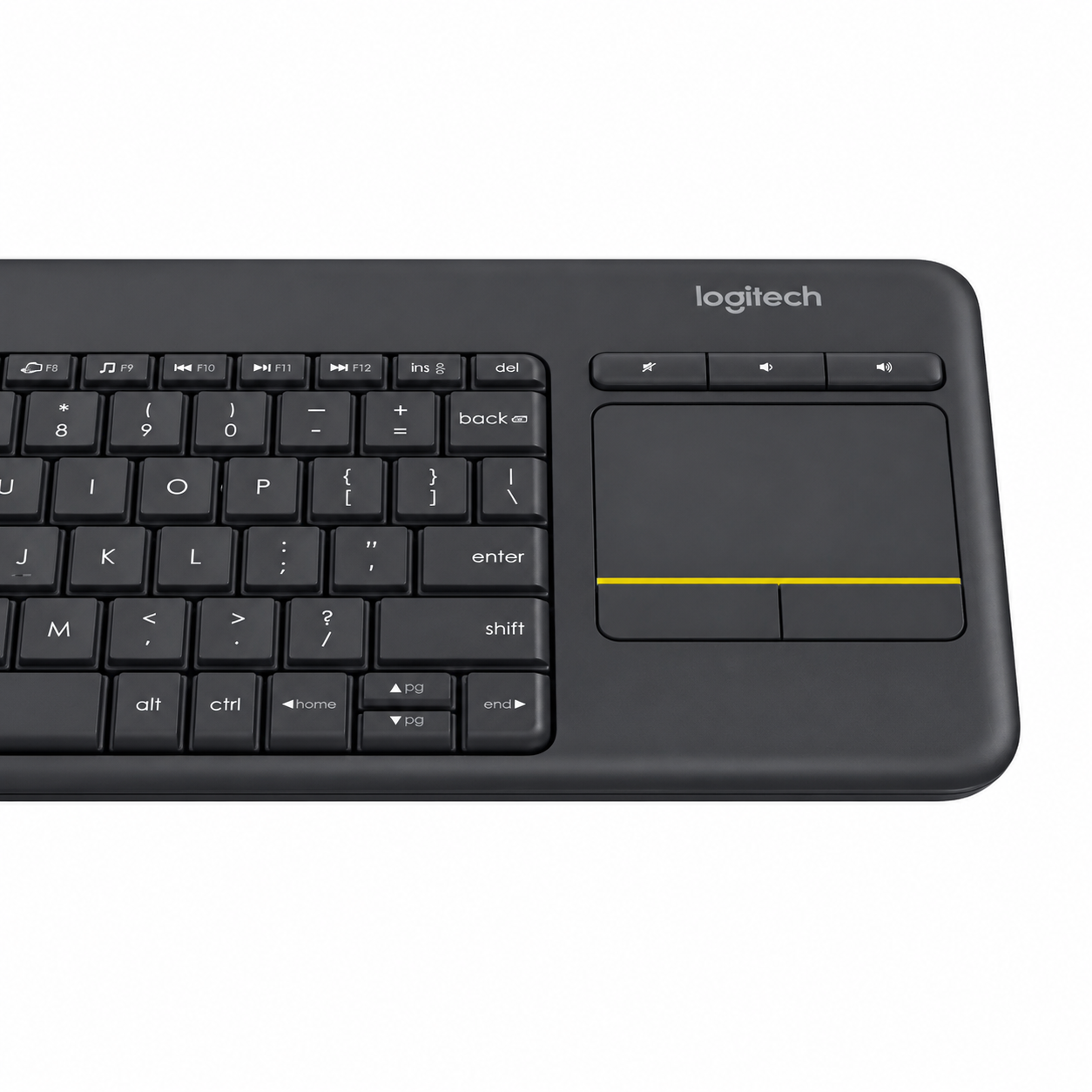 Logitech K400 Plus black keyboard showing the right-side multi-finger touchpad and media control keys