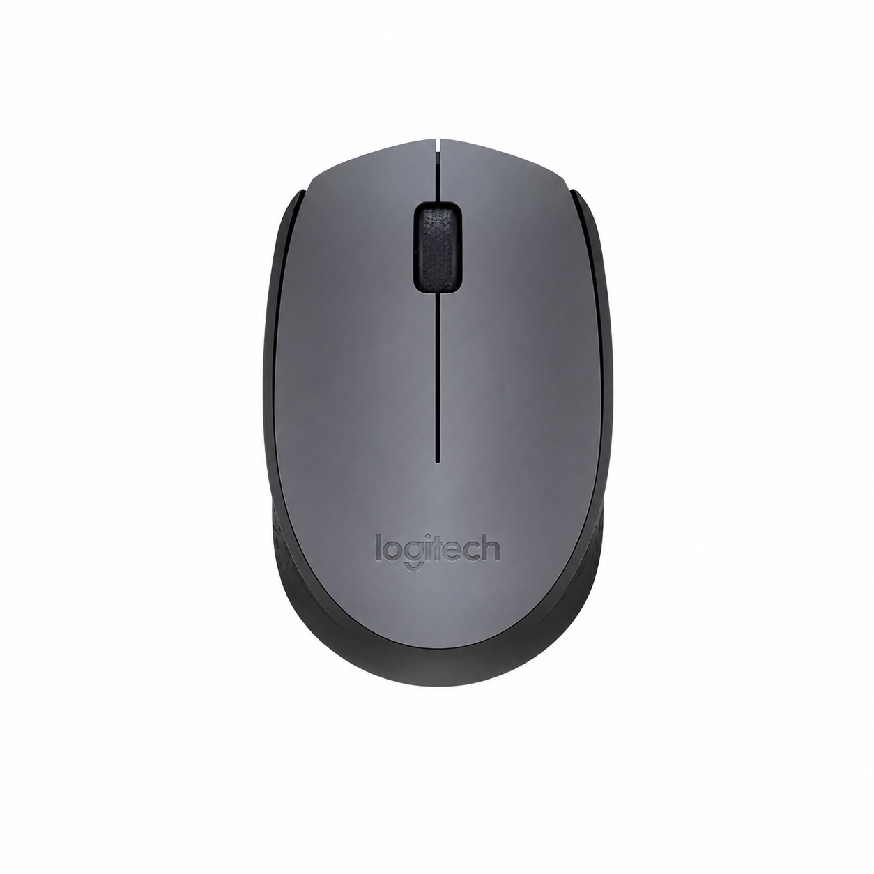 Top view of Logitech M170 wireless mouse in Grey showing the scroll wheel, center button and compact ambidextrous shape.