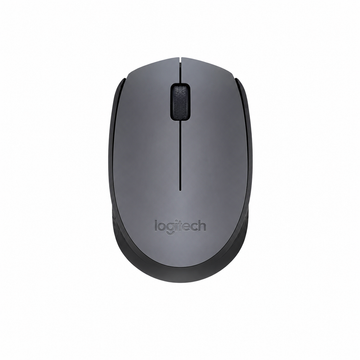 Top view of Logitech M170 wireless mouse in Grey showing the scroll wheel, center button and compact ambidextrous shape.