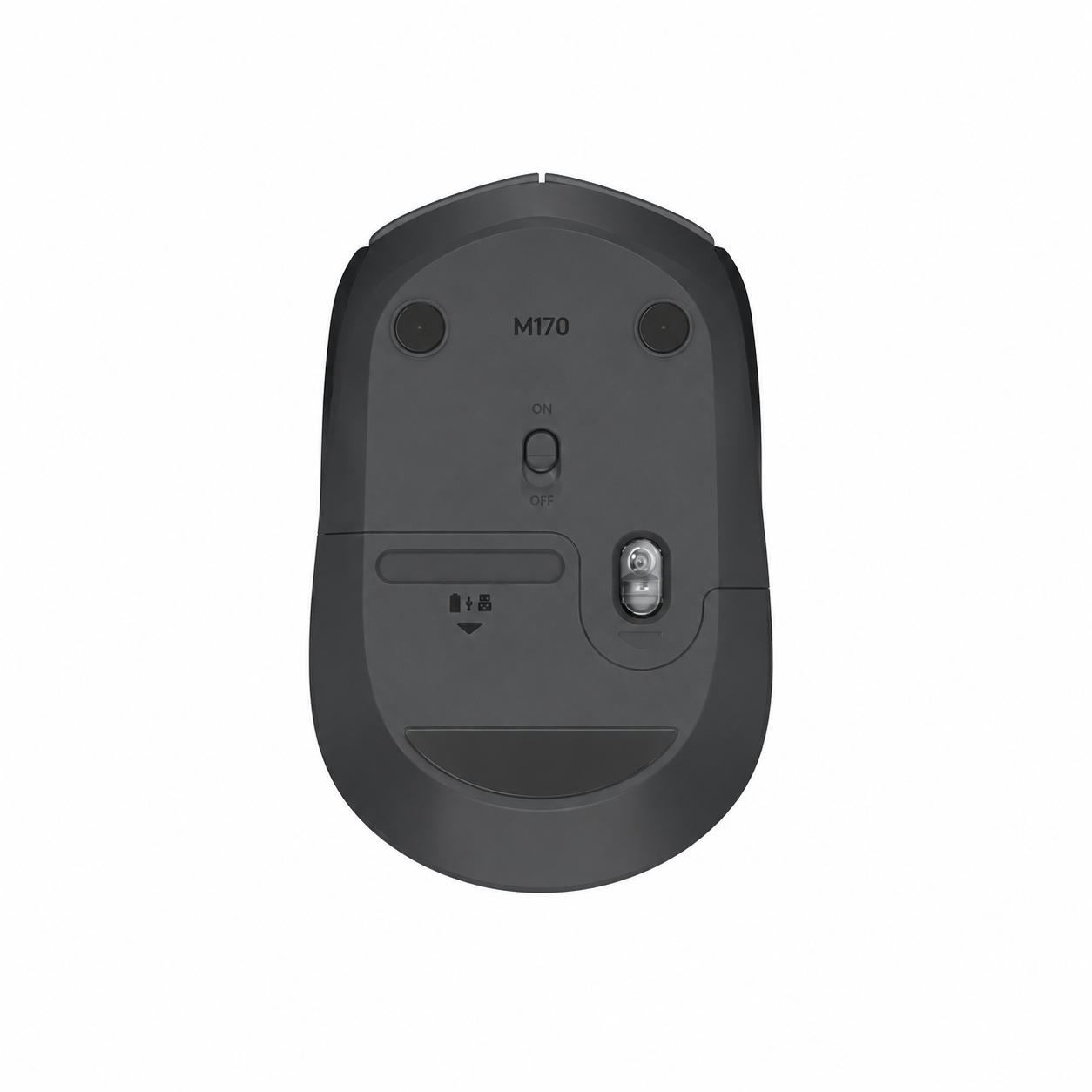 Rear view of Logitech M170 Grey wireless mouse showing the compact wireless mouse body.
