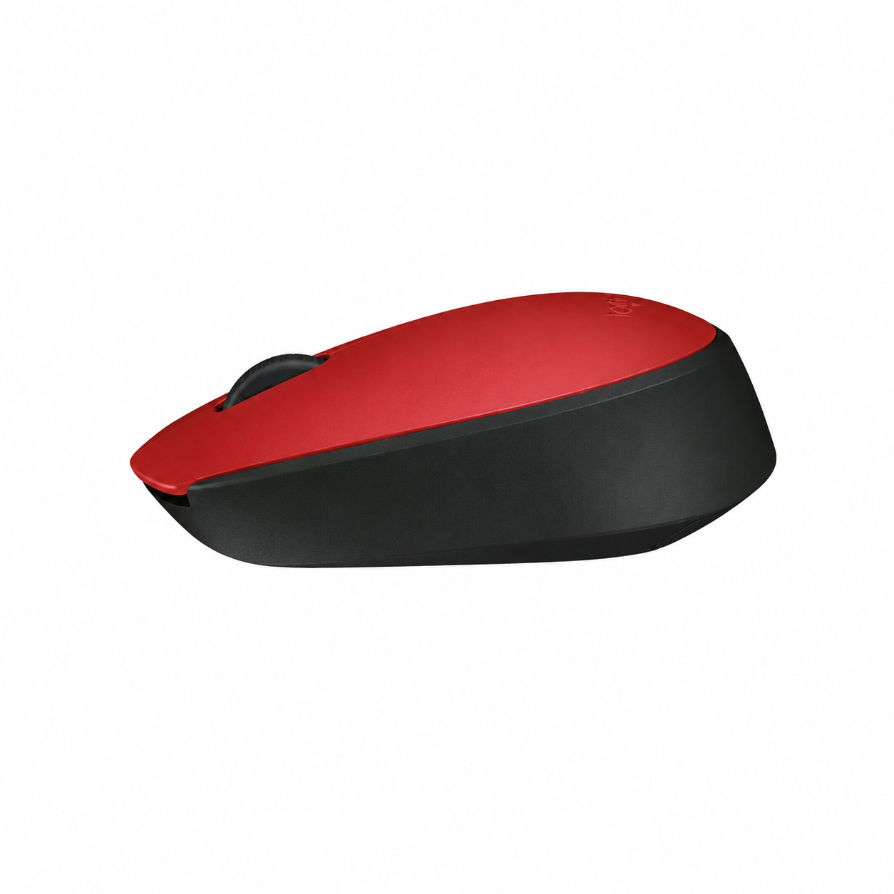 Logitech M171 red compact wireless mouse angled side view