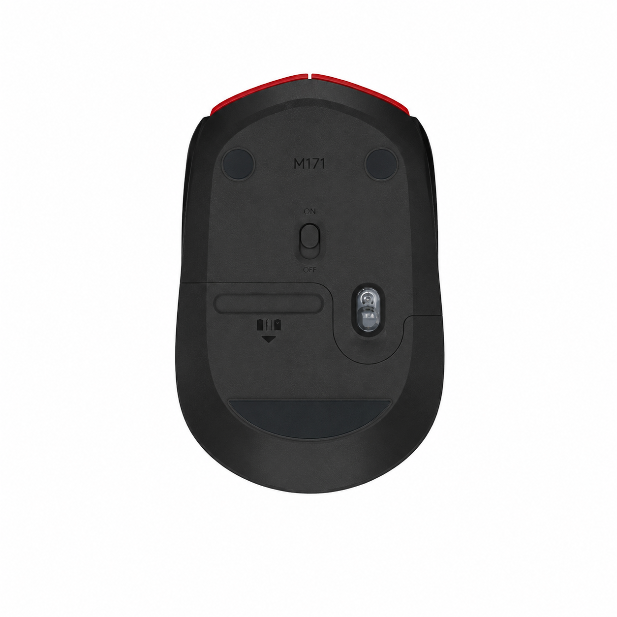 Logitech M171 red wireless mouse top view with scroll wheel and optical mouse controls