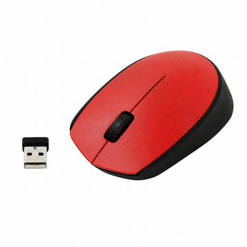 Logitech M171 red wireless mouse showing the USB receiver and ambidextrous compact design