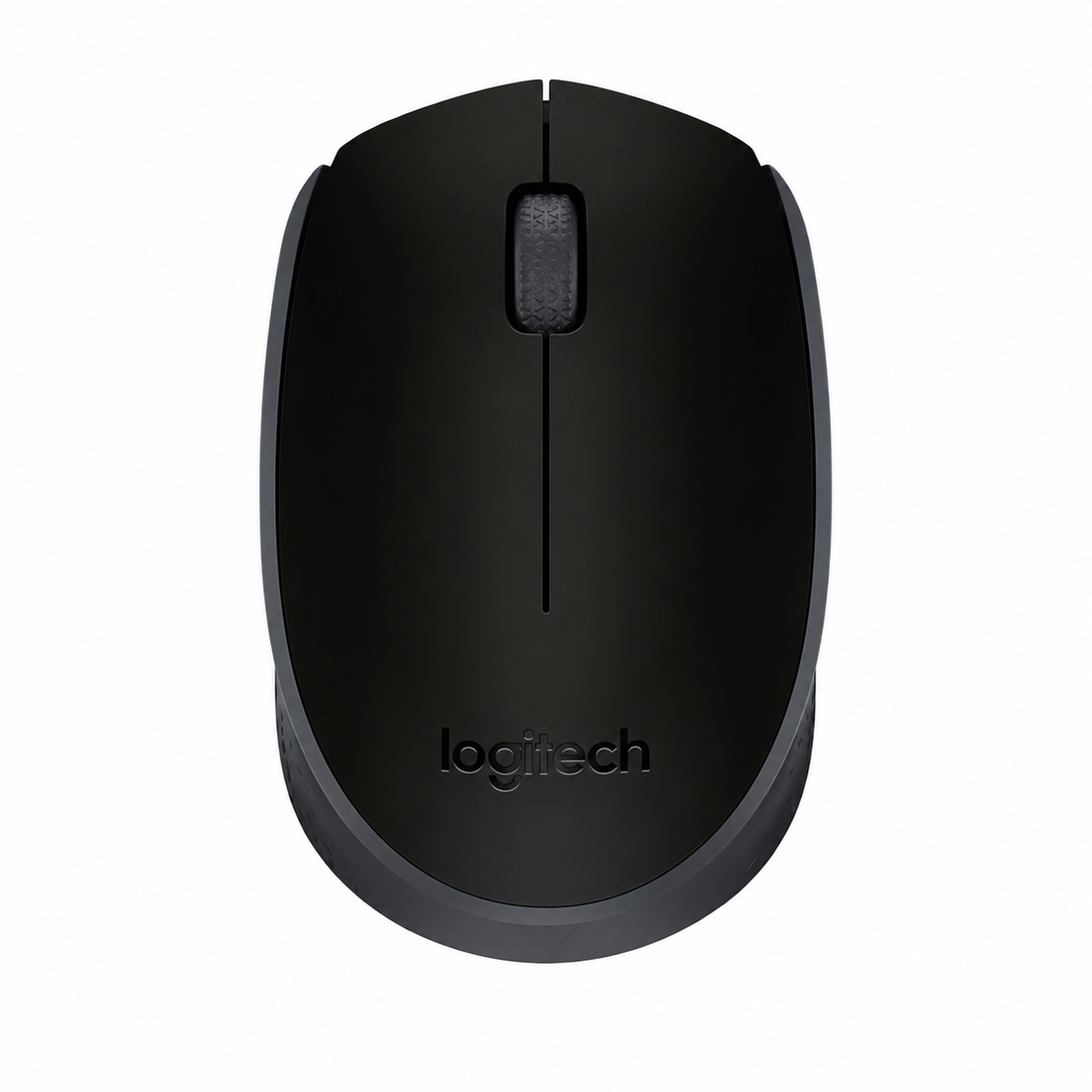 Logitech M171 wireless mouse black top view showing the compact ambidextrous design, scroll wheel and Logitech logo