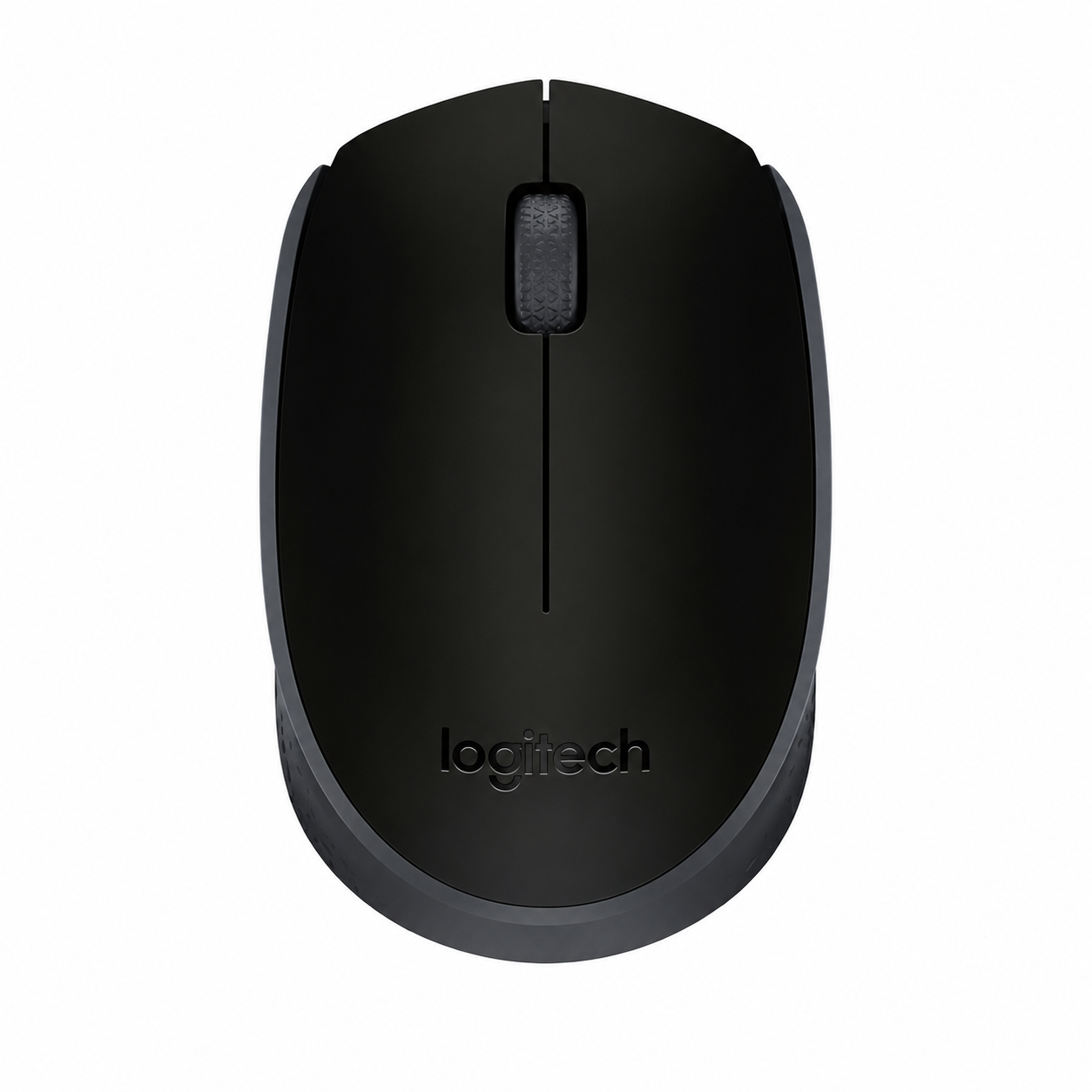 Logitech M171 wireless mouse black top view showing the compact ambidextrous design, scroll wheel and Logitech logo