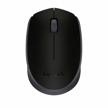 Logitech M171 wireless mouse black top view showing the compact ambidextrous design, scroll wheel and Logitech logo