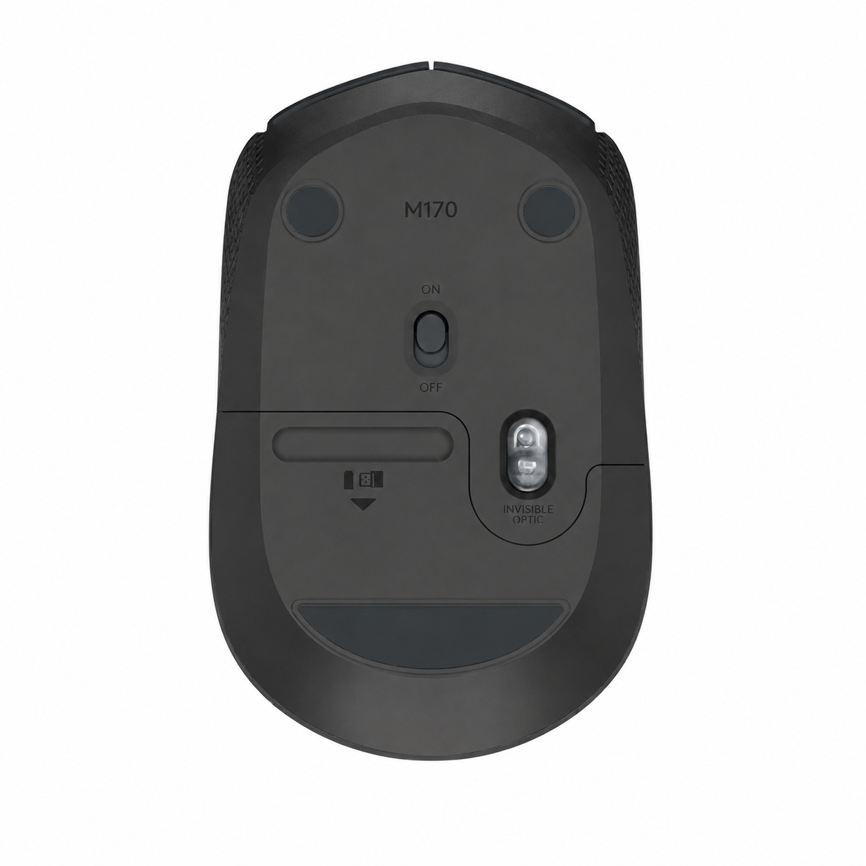 Logitech M171 wireless mouse black bottom view showing the optical sensor, power switch and battery compartment cover
