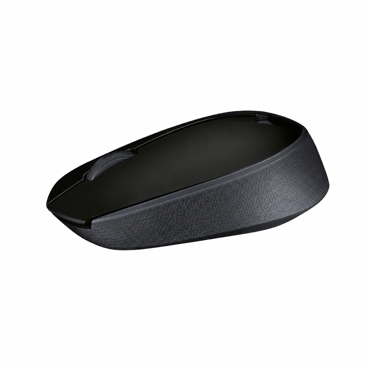 Logitech M171 wireless mouse black side view showing the slim curved shape and textured side grip