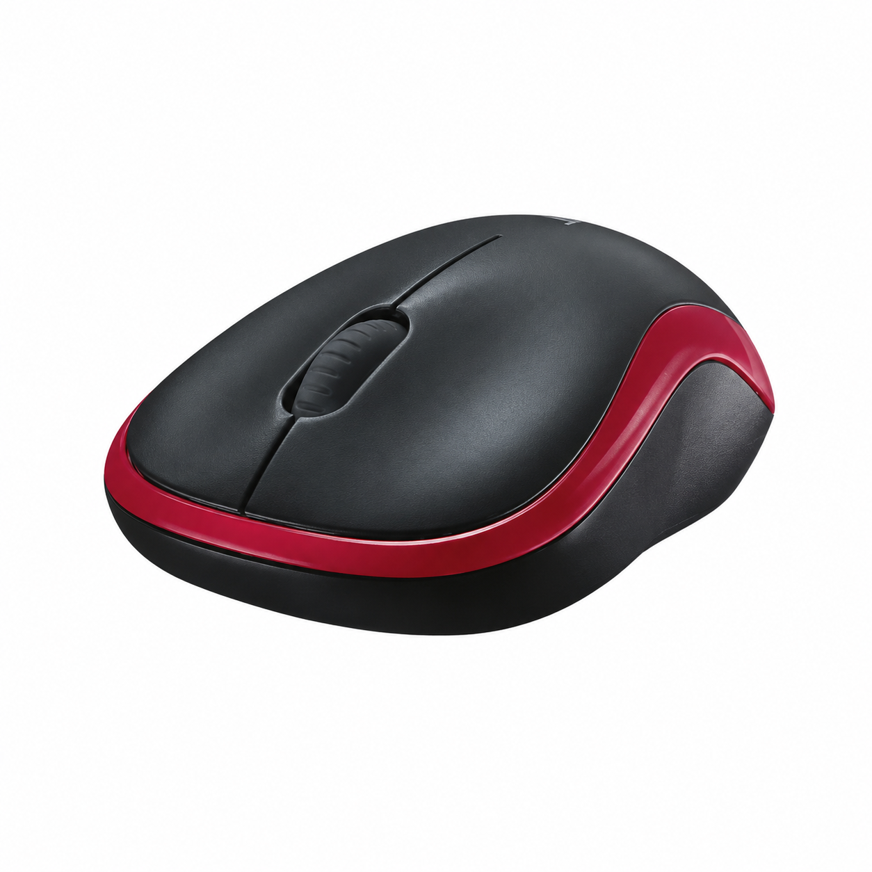 Logitech M185 red wireless mouse angled side view showing its contoured compact shape