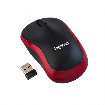 Logitech M185 red wireless optical mouse top view with scroll wheel detail
