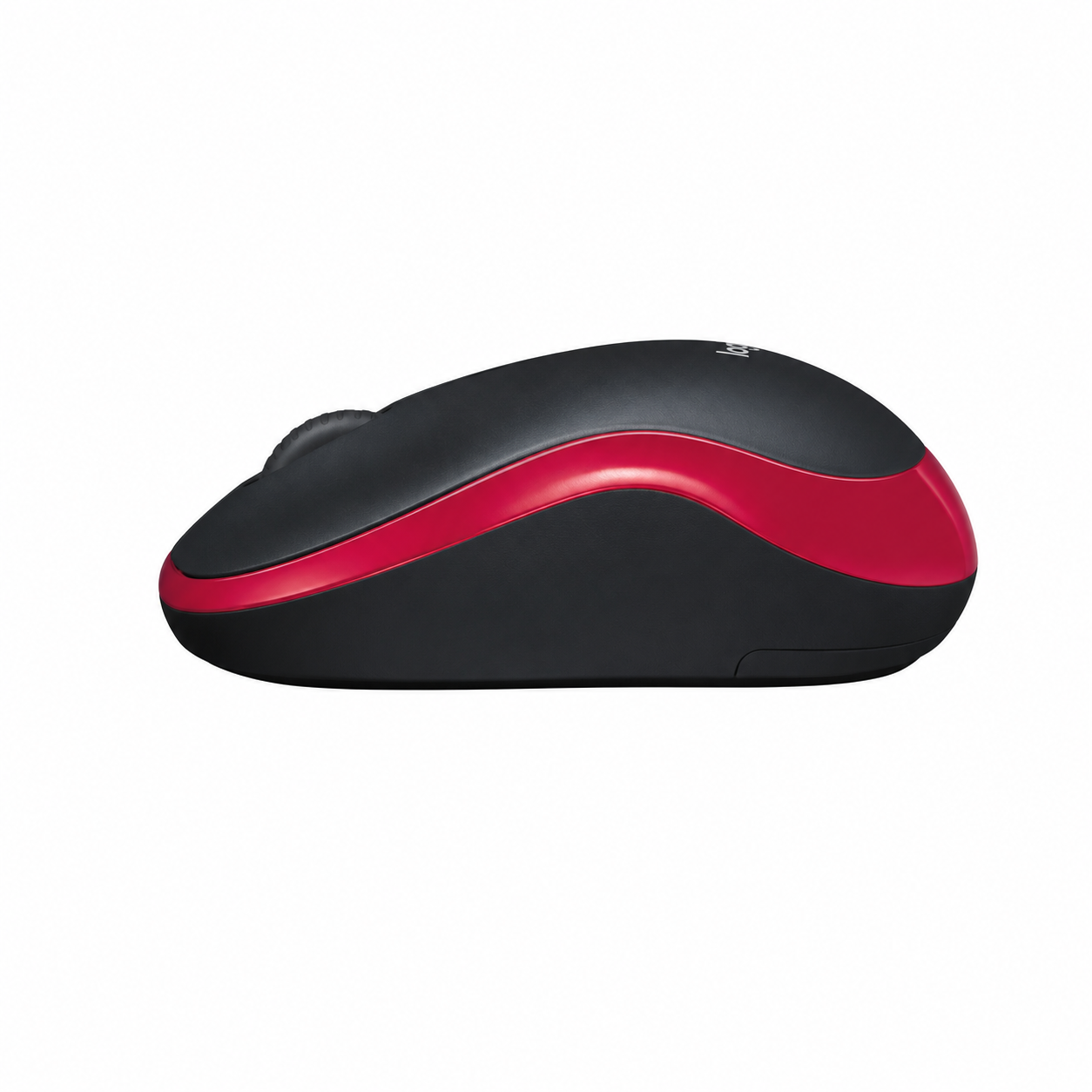 Logitech M185 red wireless mouse angled side view showing its contoured compact shape