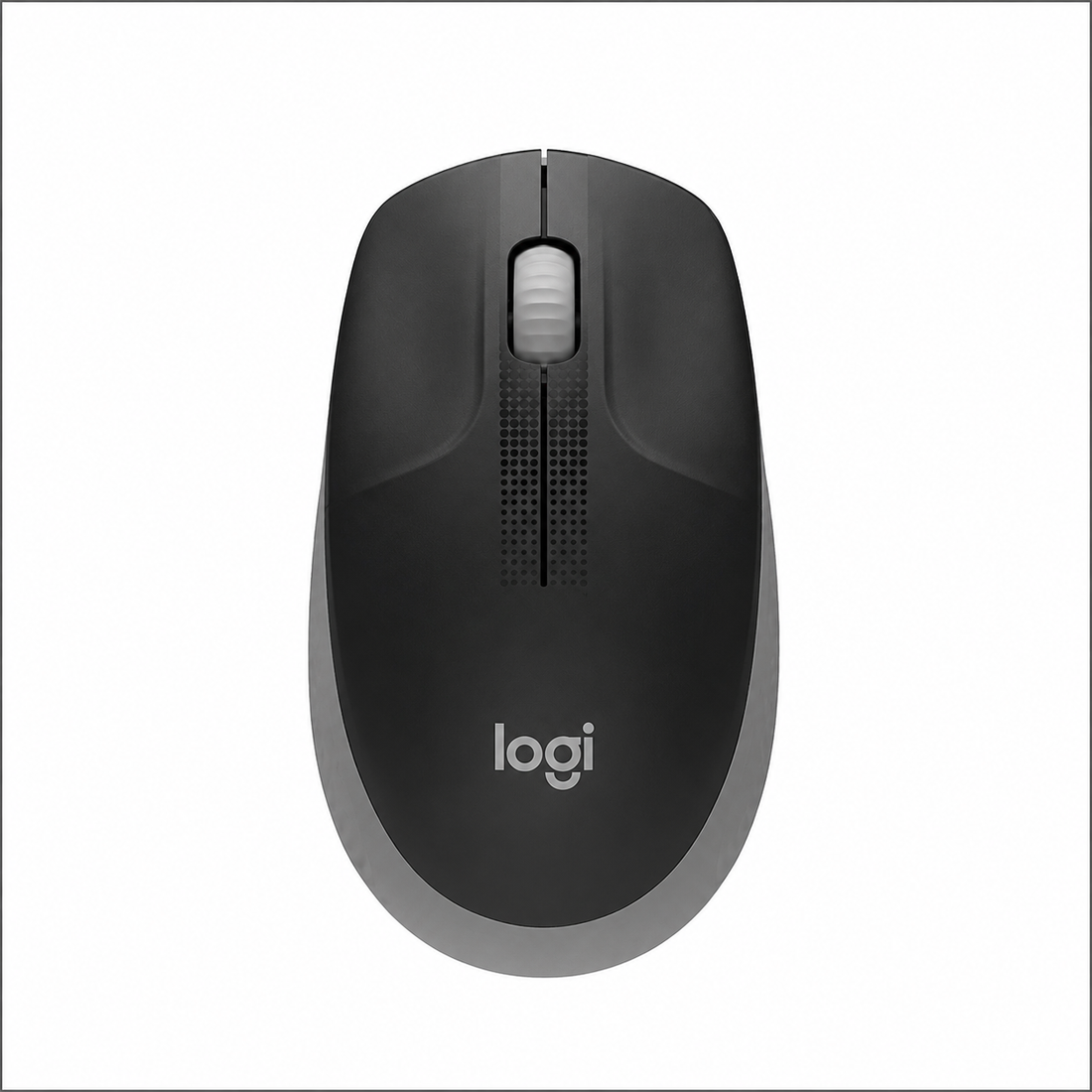 Logitech M190 Full-Size Wireless Mouse Black top view showing scroll wheel and ergonomic design.