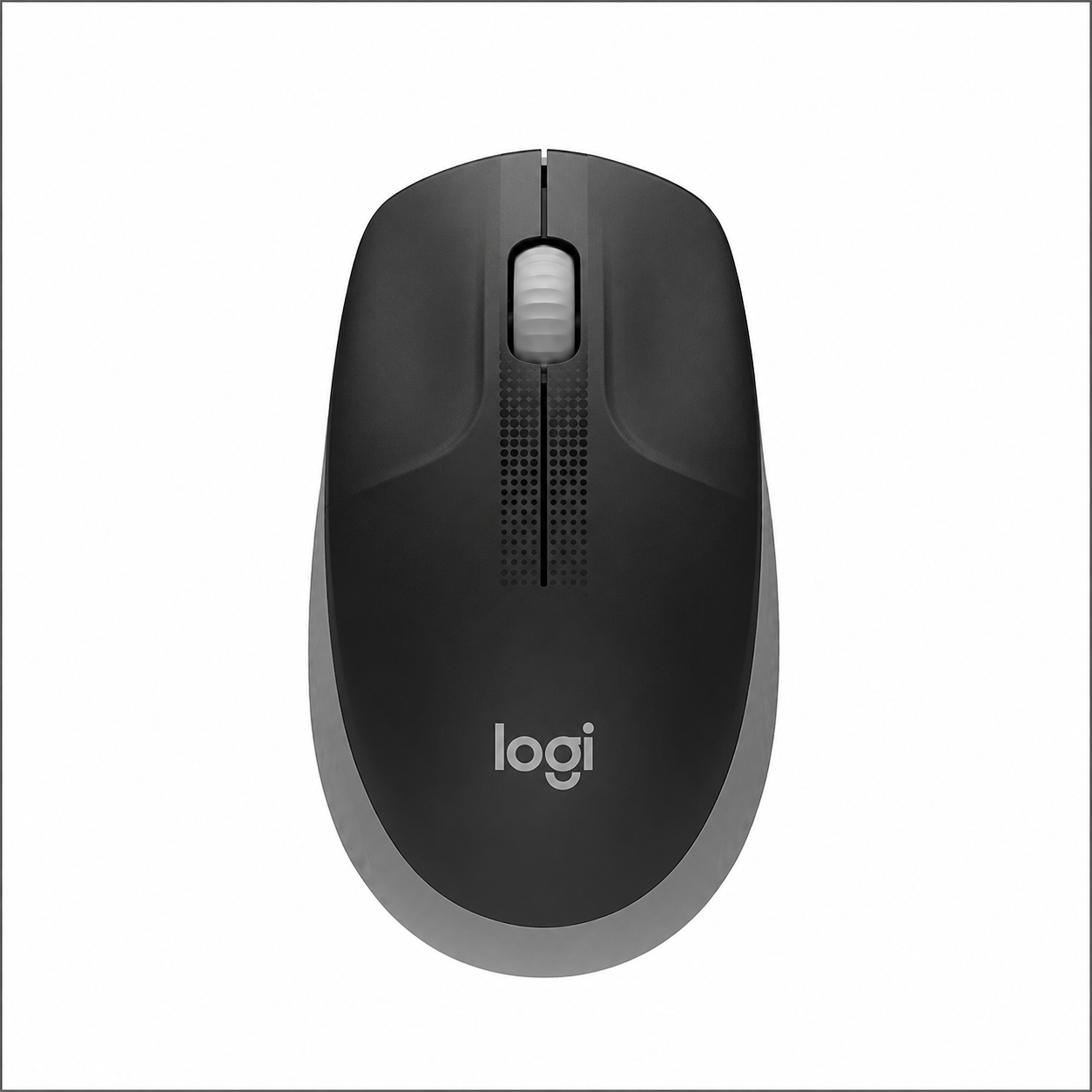Logitech M190 Full-Size Wireless Mouse Black top view showing scroll wheel and ergonomic design.
