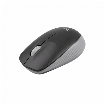 Logitech M190 Full-Size Wireless Mouse Black angled side view highlighting contoured shape.