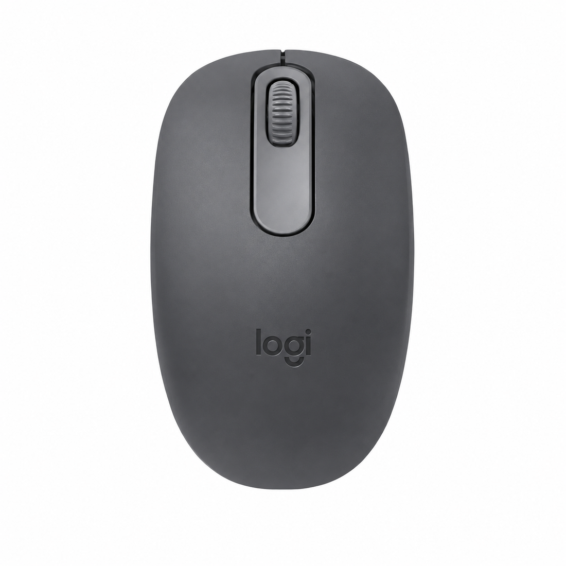 Logitech M196 Bluetooth Wireless Mouse Graphite top view showing scroll wheel and compact ambidextrous design.
