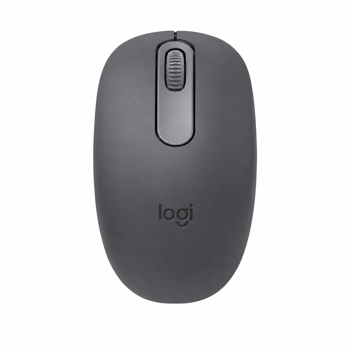 Logitech M196 Bluetooth Wireless Mouse Graphite top view showing scroll wheel and compact ambidextrous design.