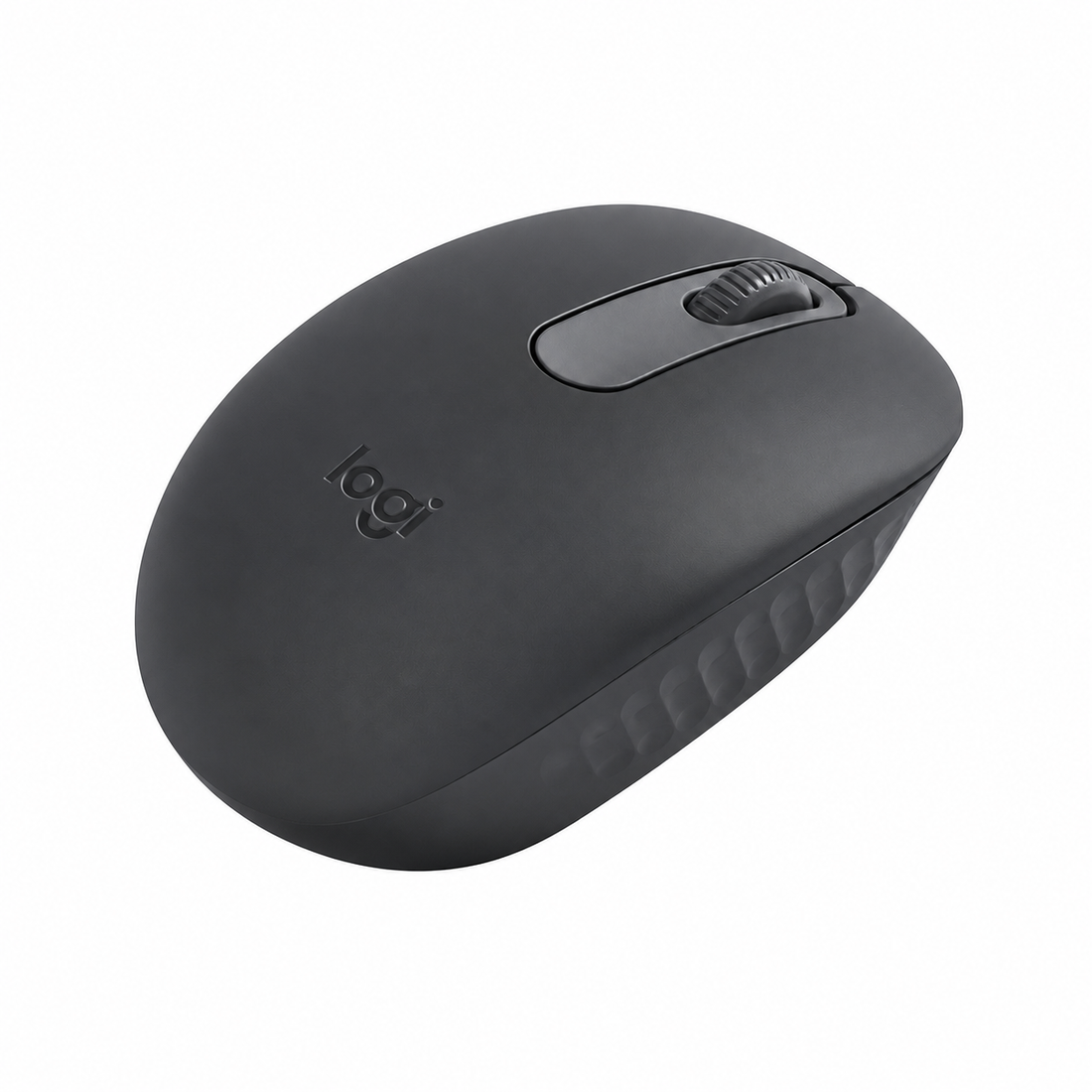 Logitech M196 Bluetooth Wireless Mouse Graphite top view showing scroll wheel and compact ambidextrous design.
