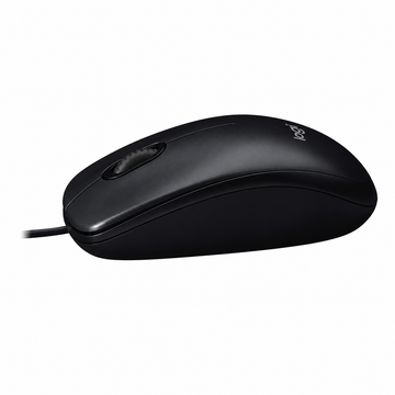 Logitech M90 black wired mouse angled side view showing its ambidextrous design