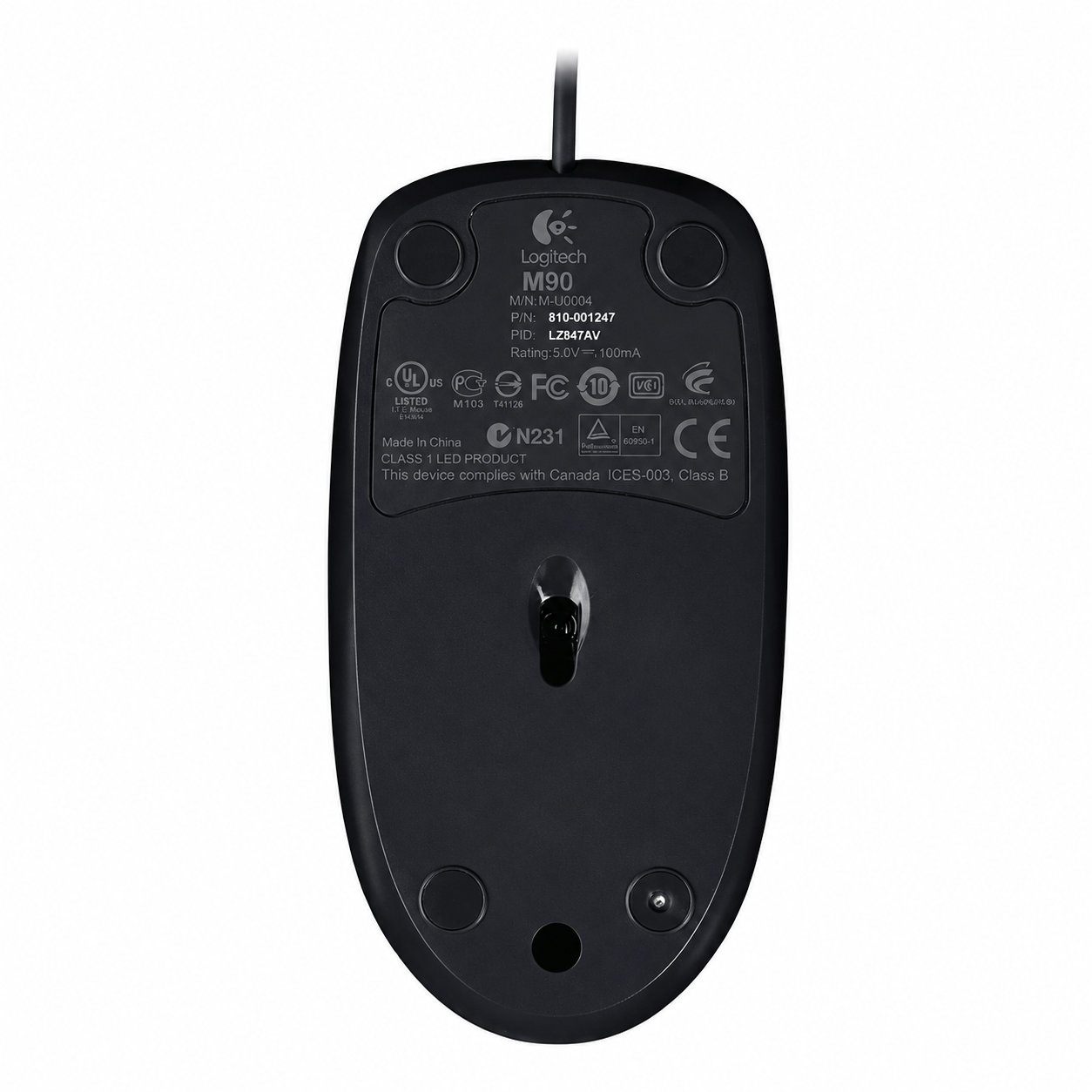 Logitech M90 black wired optical mouse top view with scroll wheel detail