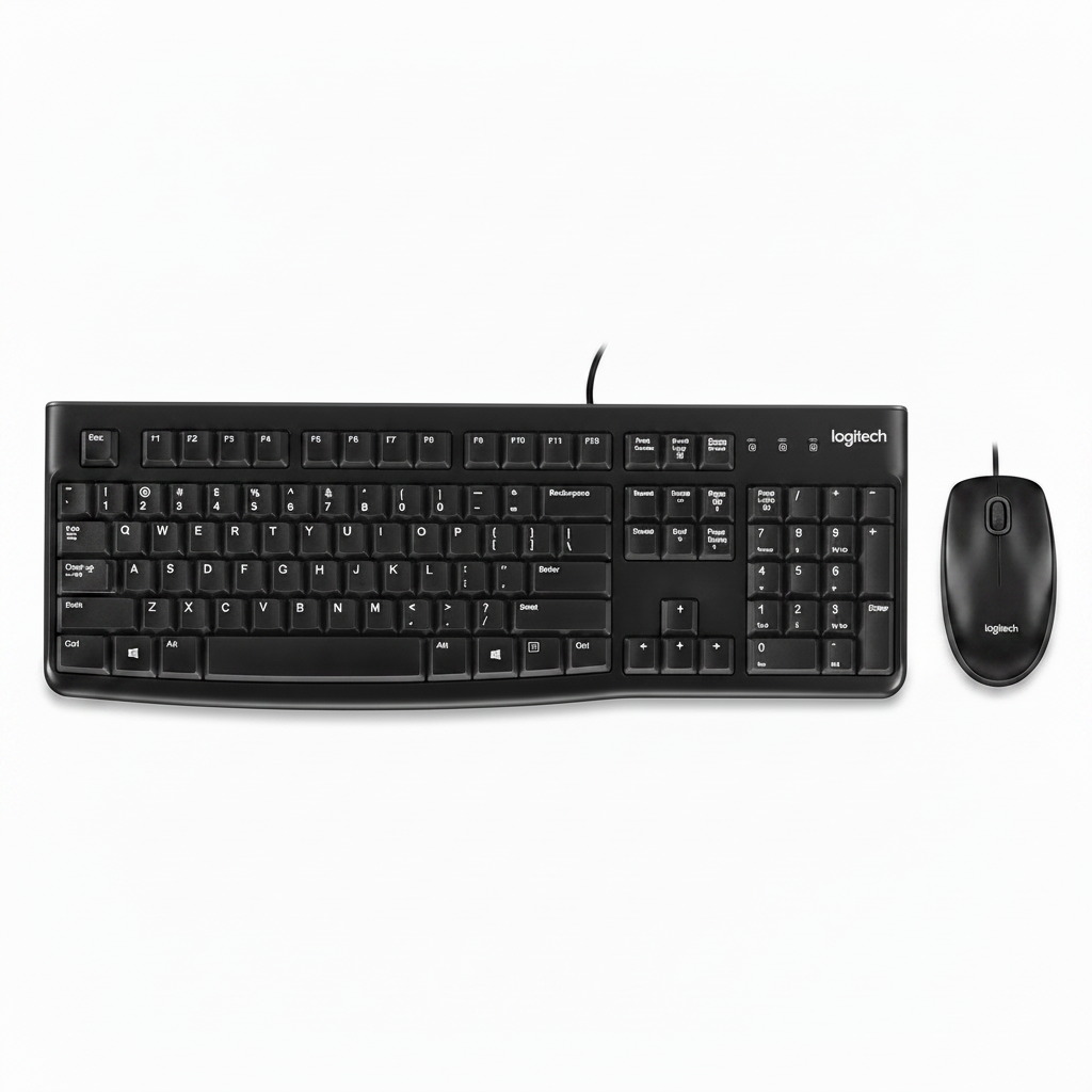Logitech MK120 wired keyboard and mouse combo front view showing the full-size black keyboard with numeric keypad and the wired optical mouse