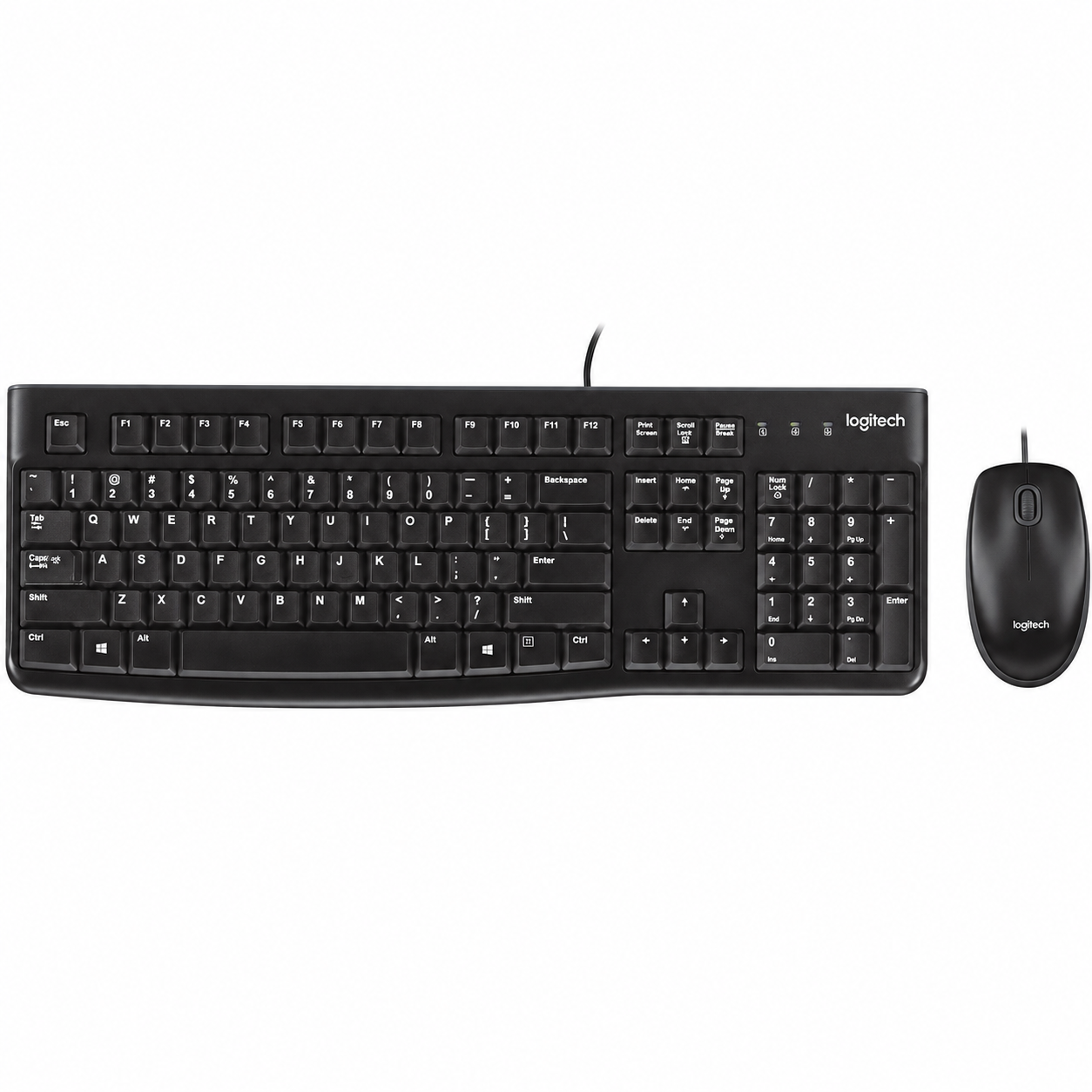 Logitech MK120 wired keyboard and mouse combo front view showing the full-size black keyboard with numeric keypad and the wired optical mouse