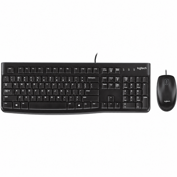 Logitech MK120 wired keyboard and mouse combo front view showing the full-size black keyboard with numeric keypad and the wired optical mouse
