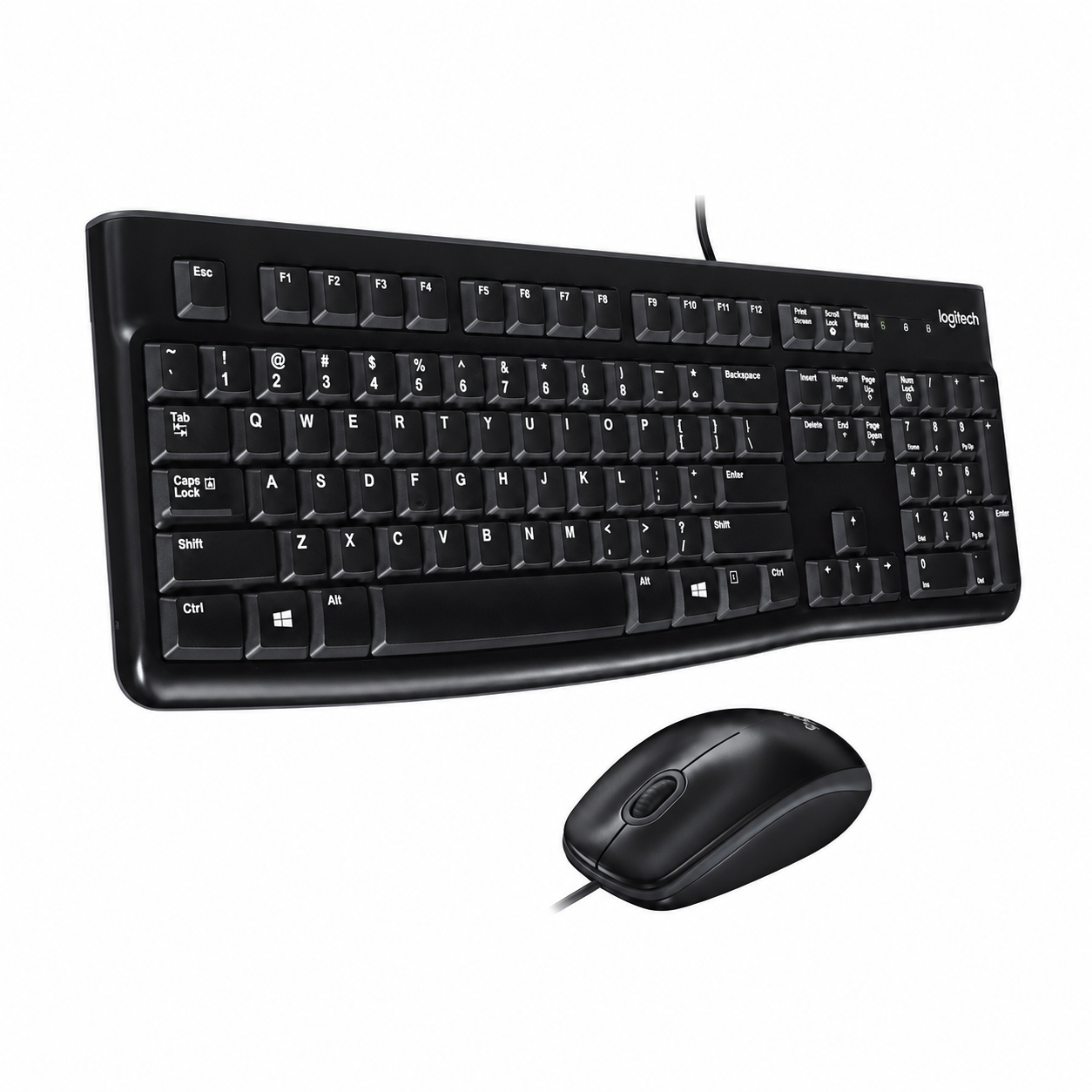 Logitech MK120 keyboard and mouse combo angled view showing the black full-size keyboard and wired mouse