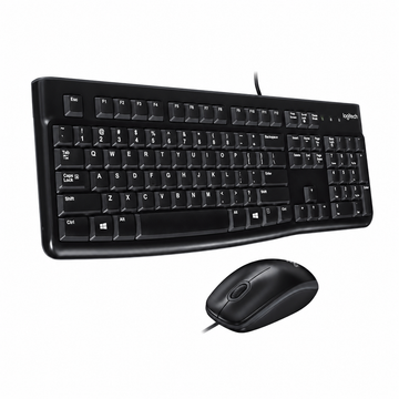 Logitech MK120 keyboard and mouse combo angled view showing the black full-size keyboard and wired mouse