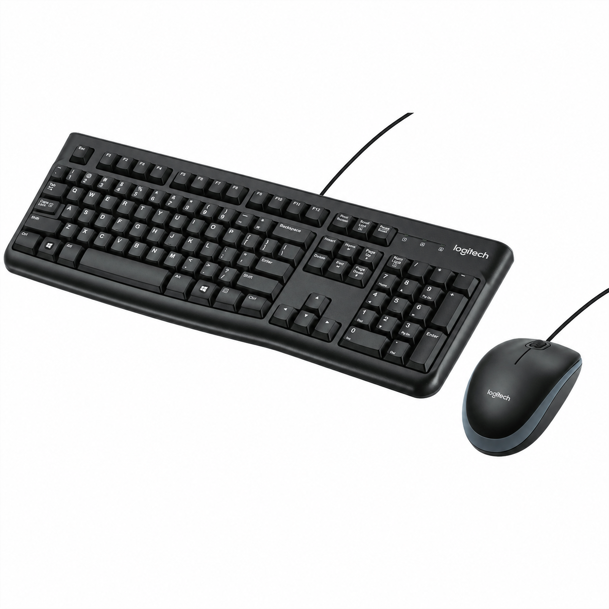 Logitech MK120 wired keyboard and mouse set angled top view showing the full-size keyboard layout and matching wired optical mouse
