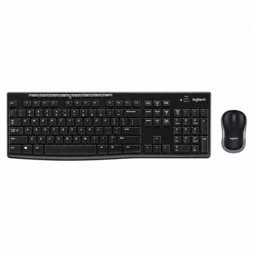 Logitech MK270 wireless keyboard and mouse combo front view showing the full-size black Arabic keyboard with numeric keypad and matching wireless mouse
