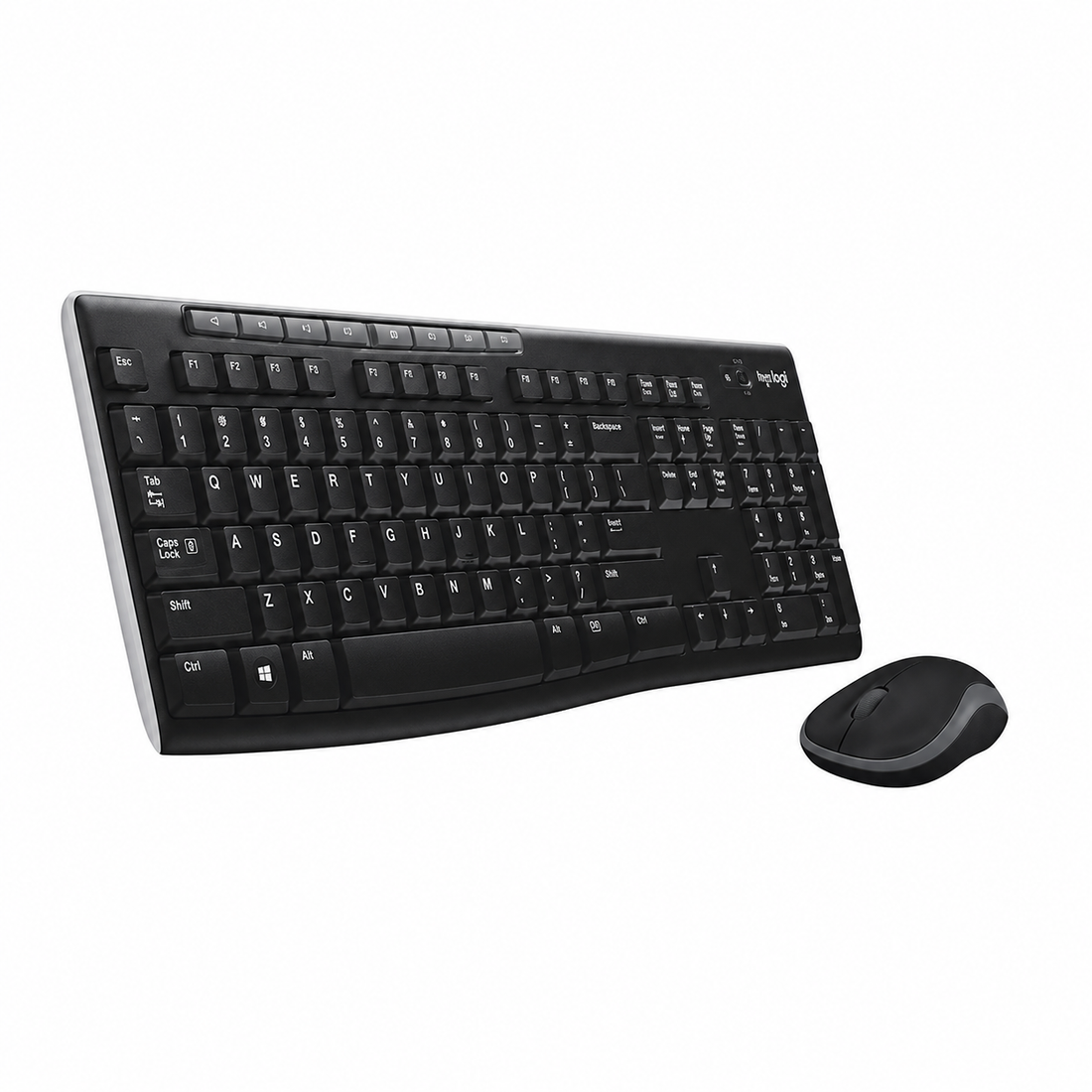 Logitech MK270 wireless keyboard and mouse combo front view showing the full-size black Arabic keyboard with numeric keypad and matching wireless mouse