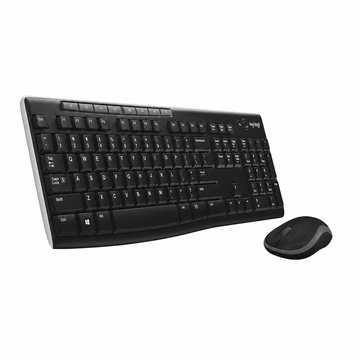 Logitech MK270 wireless keyboard and mouse combo angled view showing the black full-size keyboard and wireless optical mouse

