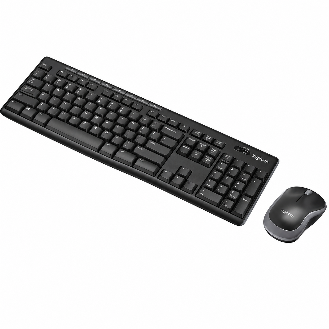 Logitech MK270 wireless keyboard and mouse set angled top view showing the Arabic keyboard layout, numeric keypad and matching mouse
