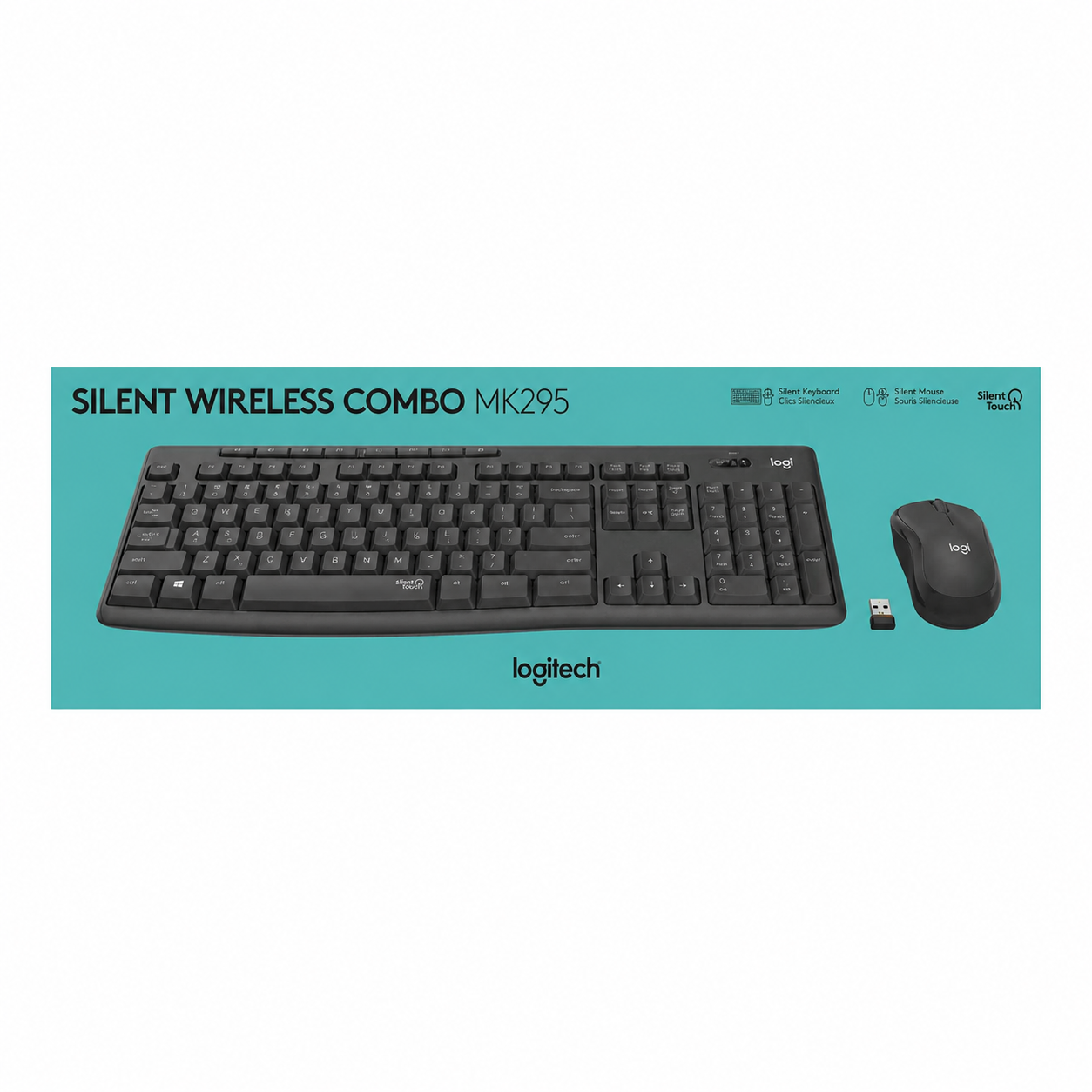 Logitech MK295 Silent Wireless Keyboard and Mouse Combo retail box showing full-size keyboard and wireless mouse.