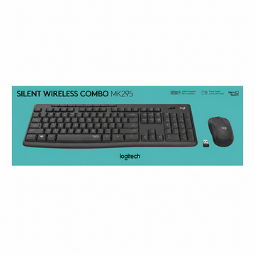 Logitech MK295 Silent Wireless Keyboard and Mouse Combo retail box showing full-size keyboard and wireless mouse.