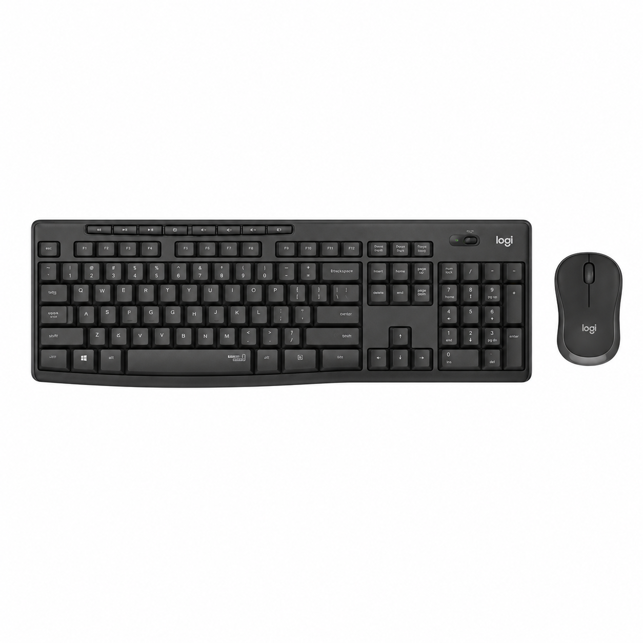 Logitech MK295 Silent Wireless Keyboard and Mouse Combo top view with full-size keyboard and wireless mouse.