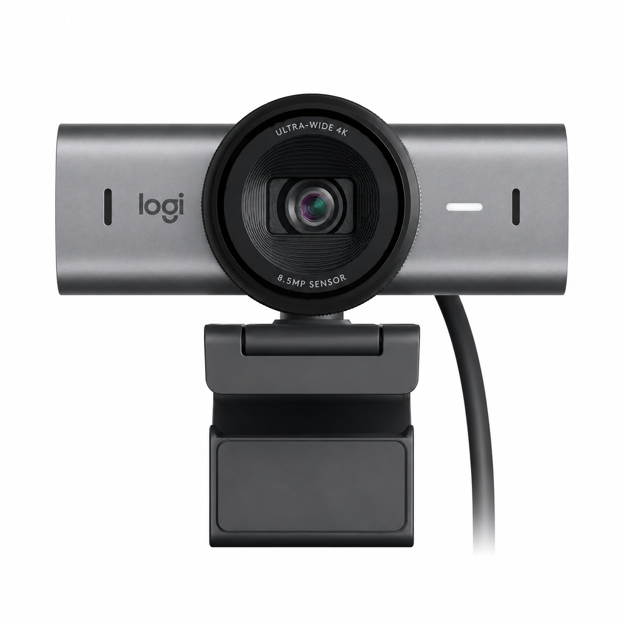 Logitech MX Brio Ultra HD 4K webcam front view showing the graphite body, large camera lens and universal monitor mount